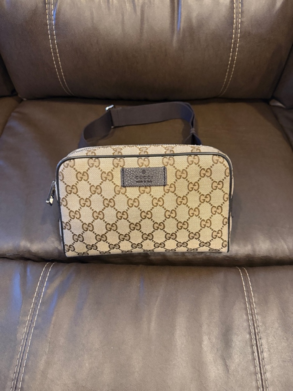 Gucci Beige GG Canvas Belt Bag with Brown Trim